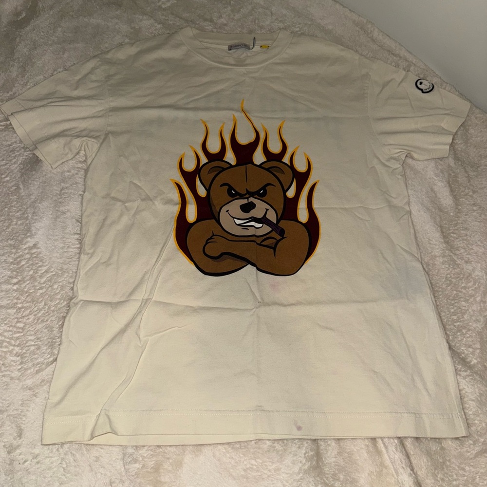 Moncler Cream T-Shirt with Bear and Flames